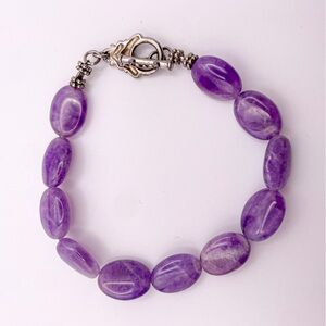 ATI Marked 925 Sterling Silver Amethyst Bead Toggle Clasp Bracelet. 7 inches.